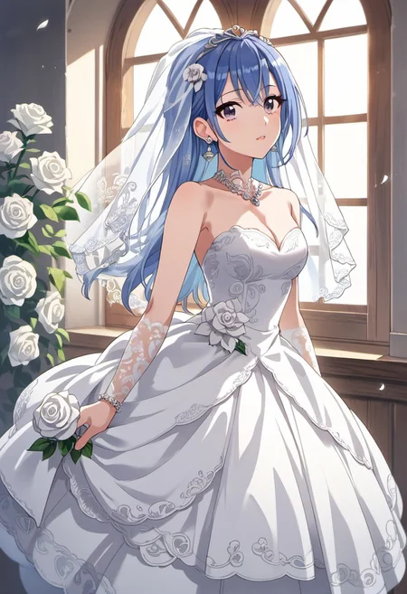 score_9, score_8_up, score_7_up, source_anime, suzuki hana, long hair, blue hair, purple eyes, 1girl, dress, wedding dress, veil, jewelry, flower, solo, earrings, white dress, rose, bridal veil, white flower, window, white rose