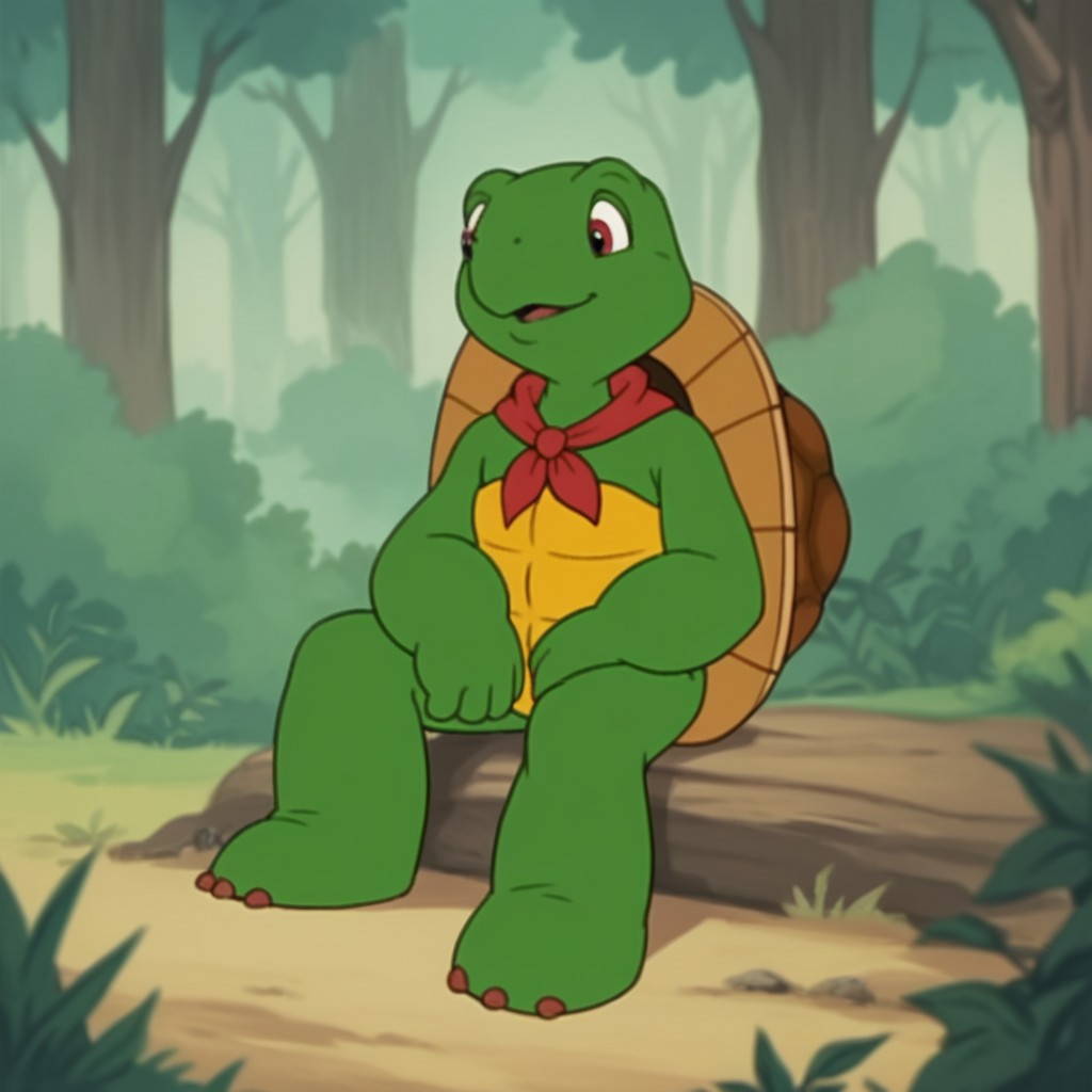 score_9, score_8_up, score_7_up, score_6_up, score_5_up, score_4_up, source_furry, frnklnturtle, semi-anthro, male, turtle, green skin,  outside, sitting, in a forest,  red neckerchief,