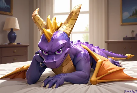 score_9, score_8_up, score_7_up, score_6_up, score_5_up, score_4_up, solo, rating_safe, source_furry, 1boy, bedroom, smile, full body, laying,
,
solo, dragon, horns, purple eyes, wings, claws
,
by_dreiker
,
Seductive pose, seductive expression,