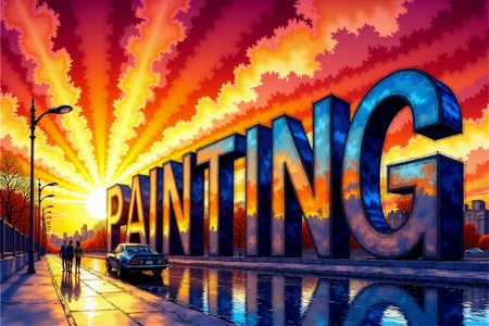 <lora:Vibrant_watercolor_v.21:0.99> This image is a digital watercolor painting featuring an urban scene in a comic book art style, with bold, crisp lines and vibrant colors. (The clearly visible towering reflective text ("PAINTING") are rendered with intricate, detailed reflections that catch the orange and red hues of the fiery sunset, each panel edge emphasizing the surreal quality of the installation). The sky is filled with intricate dramatic clouds swirling in vivid shades of gold and crimson, amplifying the intensity of the sunset. The street is depicted with sharp, angular shadows stretching across the pavement, while the stylish stance car and lonely sophisticated pedestrians are outlined with bold, defined lines that highlight their movement and interaction with the environment. Each character is illustrated with expressive features, wrapped in the dramatic lighting of the scene, giving them a sense of urgency and purpose as they walk under the oversized, reflective letters. The overall atmosphere is heightened with comic-style textures, adding depth and a touch of the fantastical to this urban landscape, making the viewer feel as if they are stepping into a vibrant, larger-than-life moment frozen in time.