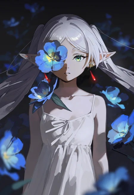 r4styl444, masterpiece, best quality, newest, absurdres, highres, 1girl, frieren, sousou no frieren, black background, bare shoulders, close-up, upper body, flower, hand over eye, blue flower, glowing eyes, (dark theme:0.8), white nightgown, bloom, glowing, arms at sides, blurry, looking at viewer, <lora:artist_rafaelaaa_vpred:1>