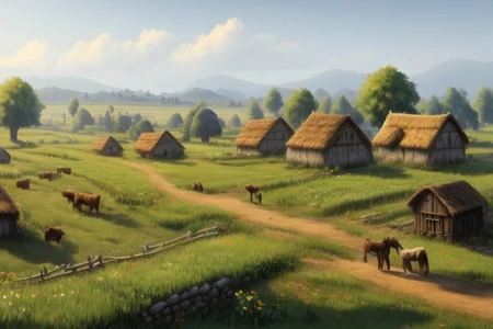 medieval, <lora:Medieval_Headwear:0.5> mehe, villager with a linen hood, wearing a linen shirt and trousers, carrying a bucket, weary and tired, showing signs of a long day's work and a weathered face,
<lora:FantasyFarm:0.6> fantfa, quiet medieval village outskirts with fields of crops and grazing animals,
morning, windy, dynamic light, HD, very detailed, <lora:more_details:1>