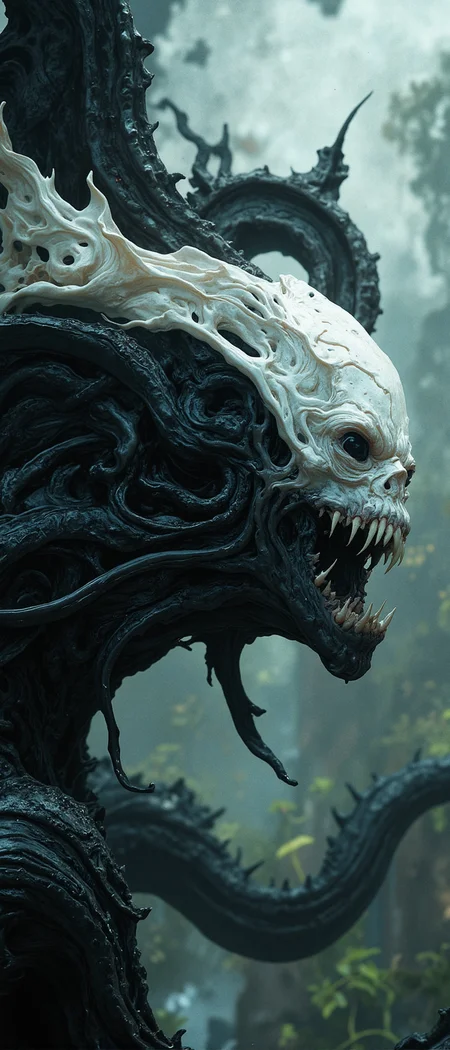 Off-center composition, right-aligned dynamic composition, an other wordly white alien like monstrous creature, erotic female, black glossy fractal skin leather texture, deap sea, slimey, teeths, black eyes, cinematic film still  . shallow depth of field, vignette, highly detailed, high budget, bokeh, cinemascope, moody, epic, gorgeous, film grain, grainy