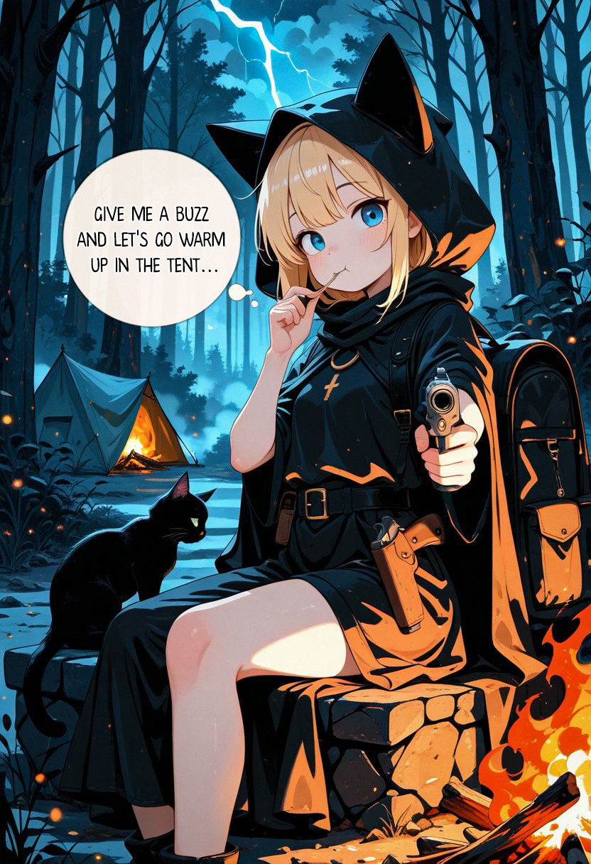 looking at viewer, sitting, eating, aiming the weapon, outstretched arm, light blush, 1girl, extremely detalied face, petite body, blue eyes, long blonde hair, holstered gun, black cloak, black cape, black backpack, forest, one bonfire, one tent nearby, night scene, fog, one sleeping black-white cat, masterpiece, best quality, amazing quality, sdxl_lightning_4step_lora_rank1,