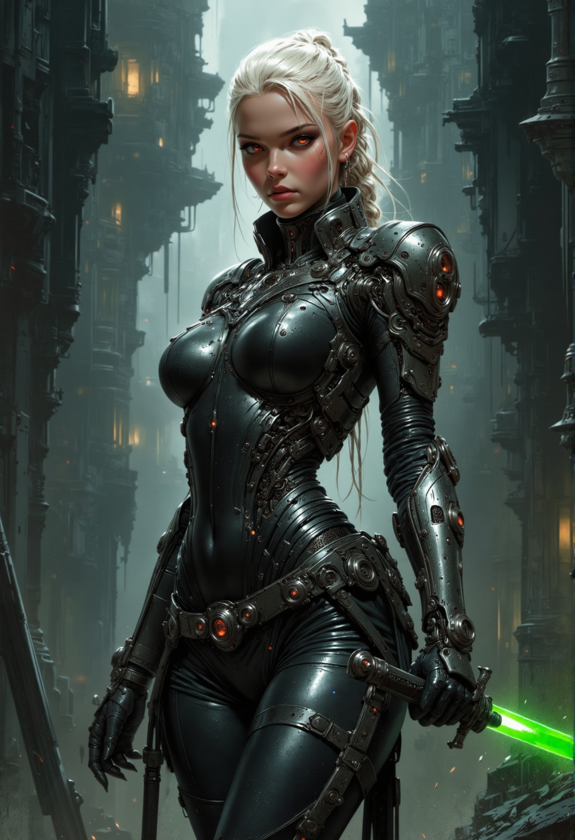 cybernetic style fantasy style, , 1girl, young, high braided  ponytail , platinum hair,  grim dark futuristic assassin, seductive, black skin tight bodysuit, slim  body, small waist, gloves, leather elbow gloves, jewelry ,(solo), pale skin, curvy body, freckles, athletic body, , , slim waist,, untouched beauty, clear, lively, detailed face, upper body accent, dark makeup, goddess,, seductive look,gothic  Victorian influence
dynamic action pose
she is swinging a sword at the viewer  with a green blade
her eyes are augmented and cybernetic glowing red eyes that pierce through the darkness
background of a darkened futuristic  palace
<lora:CPA:0.6>low-key lighting, atmospheric haze, underexposed, cinematic darkness, deep shadows . futuristic, technological, cybernetic enhancements, <lora:artisketchyfs-v02:0.5> <lora:FluxMythV2:0.7>