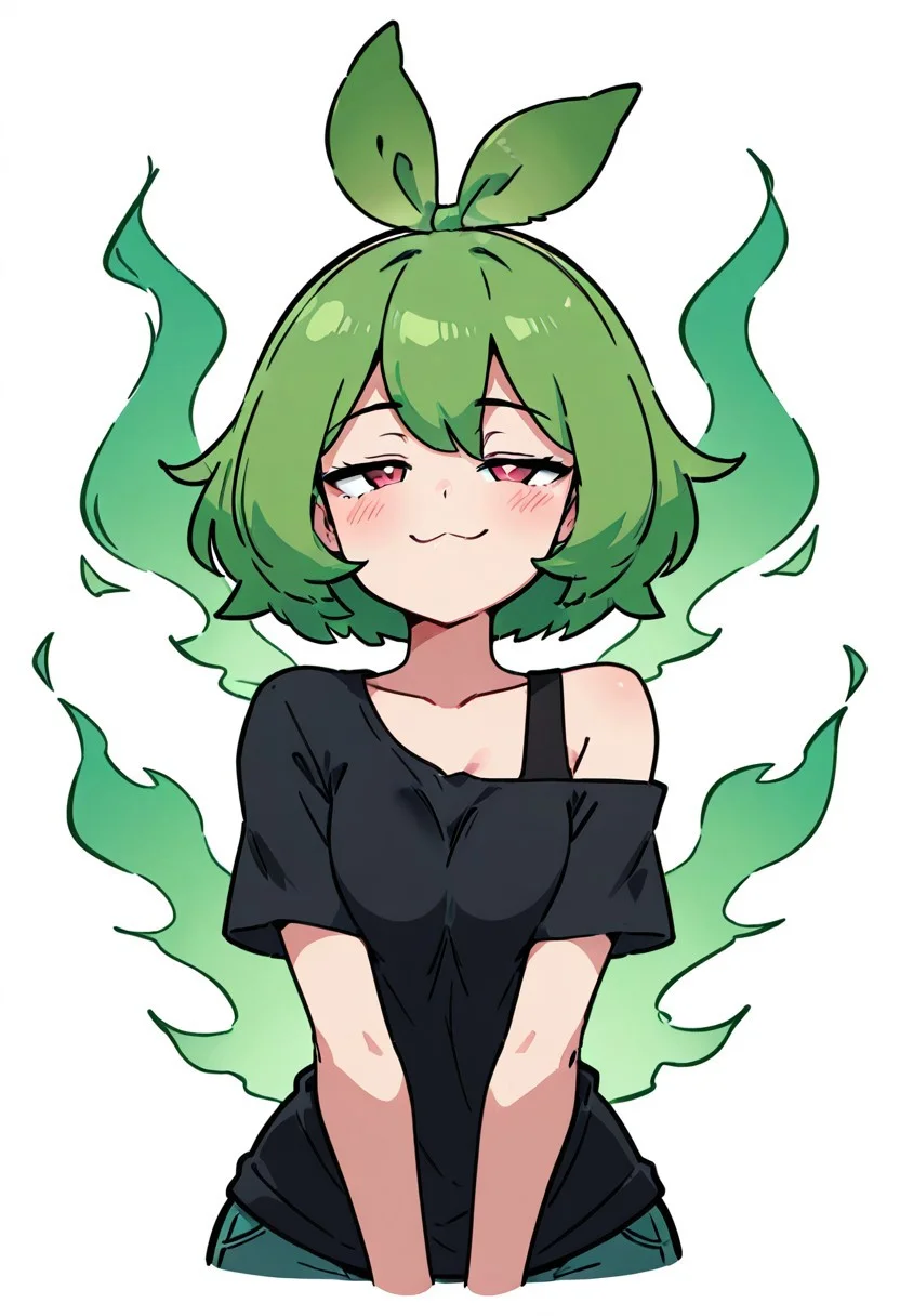 masterpiece, best quality, 1girl, looking at viewer, blush, short hair, simple background, shirt, white background, bare shoulders, upper body, short sleeves, green hair, black shirt, :3, blush stickers, half-closed eyes, cropped torso, solo, smile, looking at viewer, aura, blue sky, smile, looking at viewer, cowboy shot,