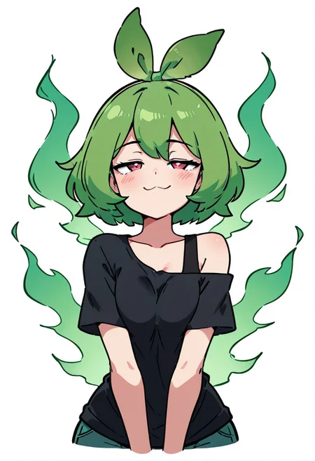 masterpiece, best quality, 1girl, looking at viewer, blush, short hair, simple background, shirt, white background, bare shoulders, upper body, short sleeves, green hair, black shirt, :3, blush stickers, half-closed eyes, cropped torso, solo, smile, looking at viewer, aura, blue sky, smile, looking at viewer, cowboy shot,