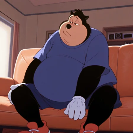 masterpiece, best quality, amazing quality, p3t3jr, male, furry male, anthro, solo, black fur, short hair, black eyes, black nose, small ears, overweight, blue shirt, white gloves, blue shorts, red shoes, sitting on couch, bored, indoors, living room