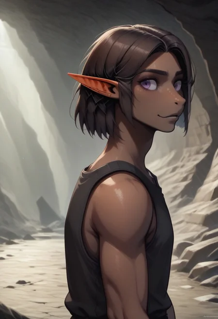 Repeta, 1 person, snout nose, solo, pointy ears, violet eyes, dark skin, dark brown hair, chin-length hair, parted hair, black sleeveless top,
((crystal on arm, gemstone on arm)),
organic cavern background,
Medieval style,
Bordered by rock walls, side view,
Smooth colors, highly detailed face, clean lines, high quality, best quality, masterpiece, score: 9, score: 8 up, rating: safe, source: semi-realistic,