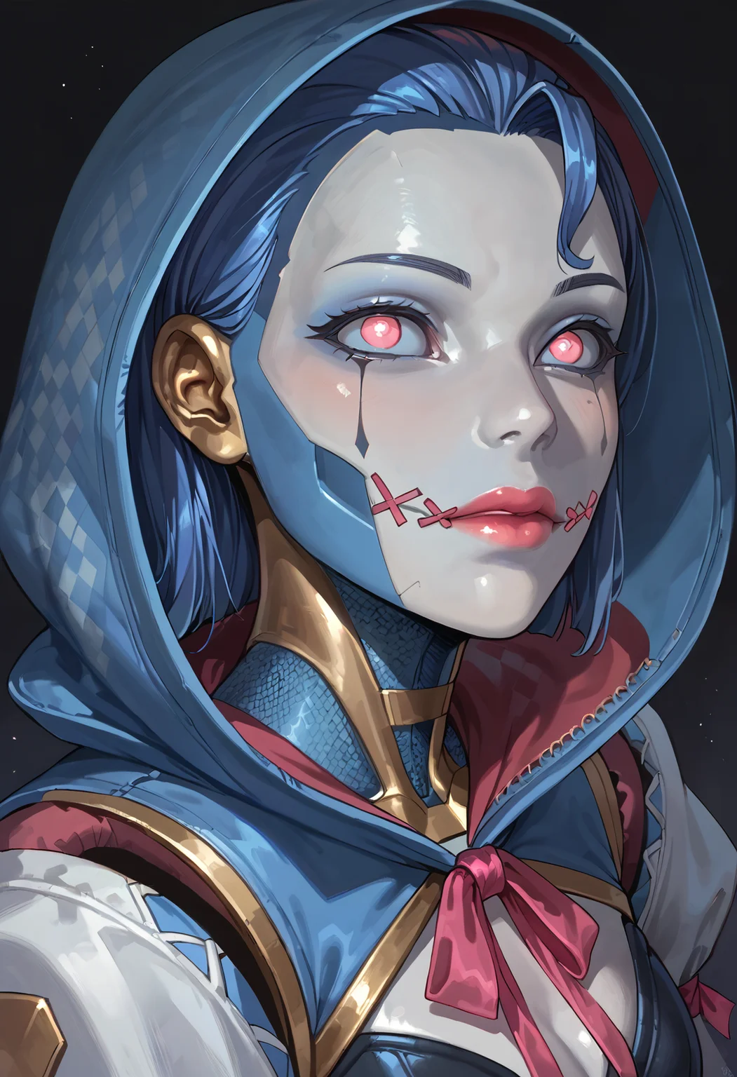 score_9,score_8_up,score_7_up,score_6_up,dark background,d0llf4ce,close-up,portrait,from side,looking at viewer,1girl,solo,robot,joints,hood,android,metal skin,mechanical legs,argyle pants,puffy sleeves,blue skin,grey skin,pink ribbon,blue sclera,medium breasts,pink eyes,humanoid robot,corset,blue hair,<lora:MyTrainings\Temp\Apex\Ash_Dollface_Pony_ARZUMATA.safetensors:0.6>