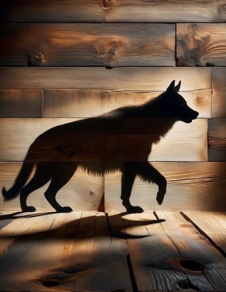DonM5h4d0w5XL shadow on a wood shingles or shake wall, hyena, <lora:DonM5h4d0w5XL-000010:1>