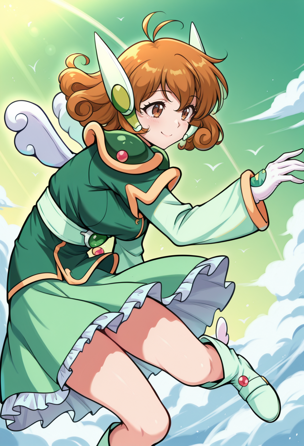 masterpiece, best quality, high quality, anime, <lora:AEYui_1:1>
AEYuiWind, brown eyes, brown hair, curly hair, short hair, headgear, green shirt, shoulder armor, long sleeves, white gloves, green skirt, frills, green footwear, green boots, wings, 
wind, midair, smile, green sky,