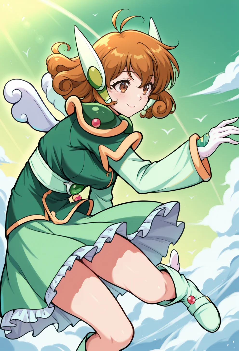 masterpiece, best quality, high quality, anime, <lora:AEYui_1:1>
AEYuiWind, brown eyes, brown hair, curly hair, short hair, headgear, green shirt, shoulder armor, long sleeves, white gloves, green skirt, frills, green footwear, green boots, wings,
wind, midair, smile, green sky,