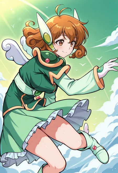 masterpiece, best quality, high quality, anime, <lora:AEYui_1:1>
AEYuiWind, brown eyes, brown hair, curly hair, short hair, headgear, green shirt, shoulder armor, long sleeves, white gloves, green skirt, frills, green footwear, green boots, wings,
wind, midair, smile, green sky,