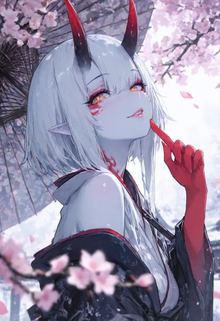 (EyesHD:1.2), (4k,8k,Ultra HD), masterpiece, best quality, ultra-detailed, very aesthetic, sharp focus, depth of field, vibrant colors, ray tracing, best lighting, detailed illustration, detailed background, cinematic, beautiful face, beautiful eyes,
BREAK
masterpiece, amazing quality, best quality, ultra-detailed, 8K, illustrating, CG, clear skin, ultra-detailed-eyes, detailed background, cute girl, eyelashes, looking seductive, coy. dynamic action image, detailed face, detailed eyes, direct mesmerizing gaze,
BREAK
Aka-Oni, oni, colored skin, red skin, smooth horns, black horns
BREAK
holding umbrella, dynamic pose, looking at viewer, petals falling, bare shoulder, finger to chin, smile, parted lips, lips, kimono,
cherry flower, blurry foreground, branch,