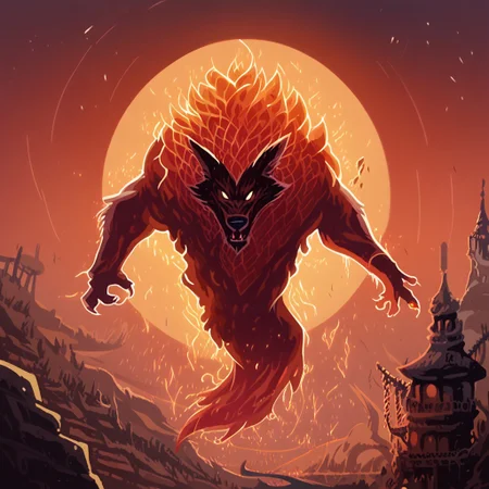 score_9, score_8_up, score_7_up, score_6_u A massive Dire Wolf with a perfect, detailed face, performing extreme parkour, captured mid-air in a powerful, dynamic pose, like a champion from League of Legends. The character exudes greatness, heroism, and the aura of an invincible god. The epic armor, adorned with intricate details and a few battle scars from intense combat, adds to the character's heroic stature. Set against an atmospheric landscape with the warm, golden hues of a sunset, blended with soft purples and oranges, the environment frames the figure dramatically. The character’s aggressive yet graceful pose, leaping through the air with a parkour motion, emphasizes the heroic perspective. Painted in brunaille underpainting style, the lighting evokes a dark fantasy atmosphere with soft orange and deep violet contrasts, inspired by hard edge painters. The cinematic shot, captured on 70mm film, immerses the viewer in an expansive, dramatic sunset scene.