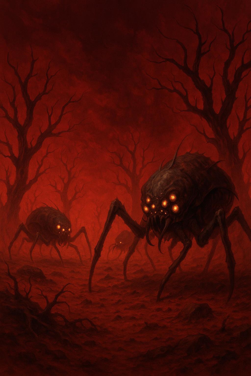 A desolate alien planet with a blood-red sky, where strange, twisted trees grow from the barren soil. Giant, insect-like creatures skitter across the landscape, their many eyes glowing with a sinister light. The air is filled with the sound of their chittering, creating a nightmarish atmosphere, 
