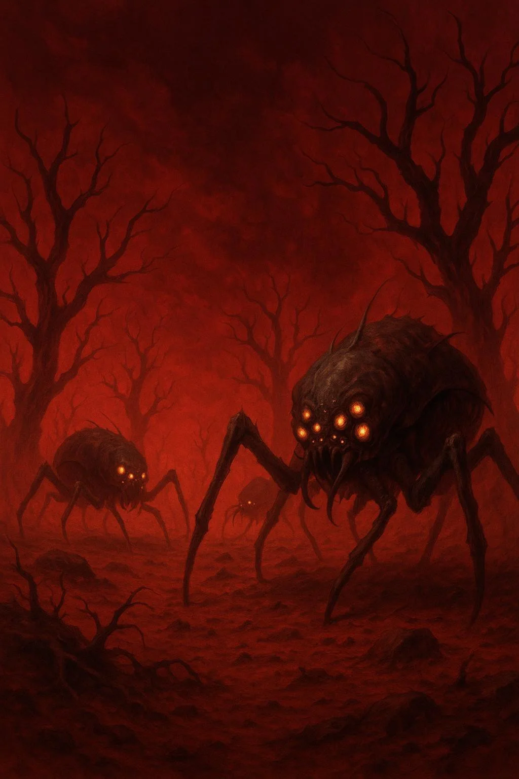 A desolate alien planet with a blood-red sky, where strange, twisted trees grow from the barren soil. Giant, insect-like creatures skitter across the landscape, their many eyes glowing with a sinister light. The air is filled with the sound of their chittering, creating a nightmarish atmosphere,