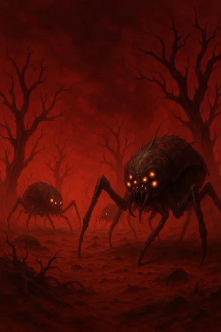 A desolate alien planet with a blood-red sky, where strange, twisted trees grow from the barren soil. Giant, insect-like creatures skitter across the landscape, their many eyes glowing with a sinister light. The air is filled with the sound of their chittering, creating a nightmarish atmosphere,