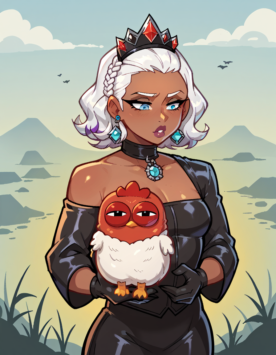 score_9, score_8_up, score_7_up, score_6_up, score_5_up, score_4_up, 1girl, solo, Rogue Moving with stealth and grace, Noblewoman's gown, gloves, and jewelry, Mistress, Average Height, Thin, Square Face, Dark Skin, White Hair, grey-blue Eyes, [[Curved Nose]], Pouty Lips, Receding Chin, Shoulder-Length Hair, Wavy Hair, Fishtail Crown Braid, small breasts, Stud earrings, violet velvet lipstick, A volcanic wasteland, with rivers of fire flowing into a molten sea,  hud_ch1cken_purs3, bird, holding animal, chicken, <lora:purse:0.7>, outdoors
