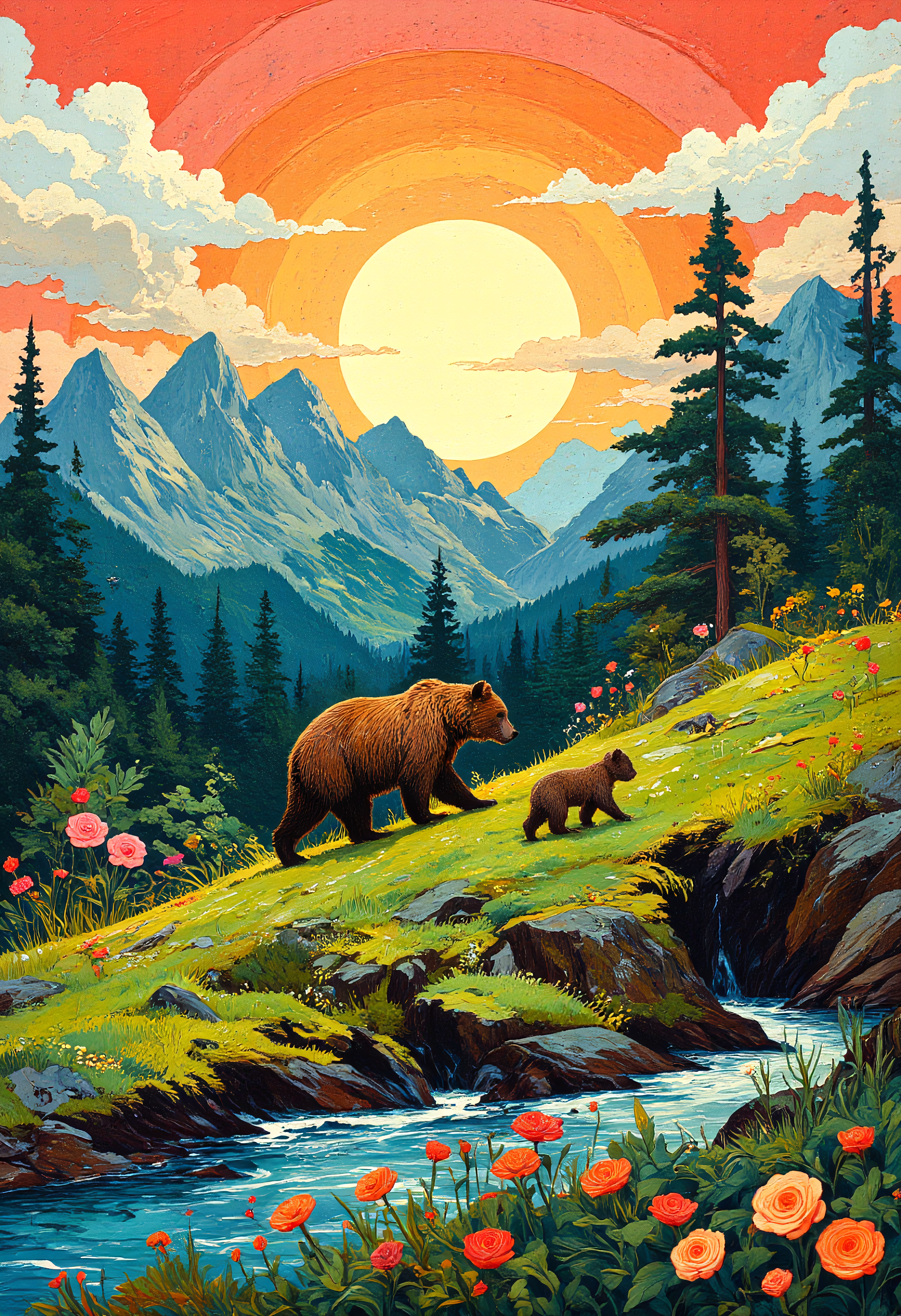 A papercut layer art, 3d art, A bear and her cubs walking down a grassy hill, a setting sun, clouds, mountains, flowers, trees, river, each elements in it's own layers