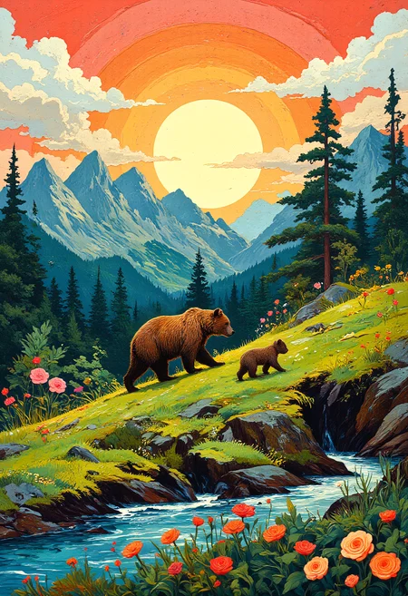 A papercut layer art, 3d art, A bear and her cubs walking down a grassy hill, a setting sun, clouds, mountains, flowers, trees, river, each elements in it's own layers