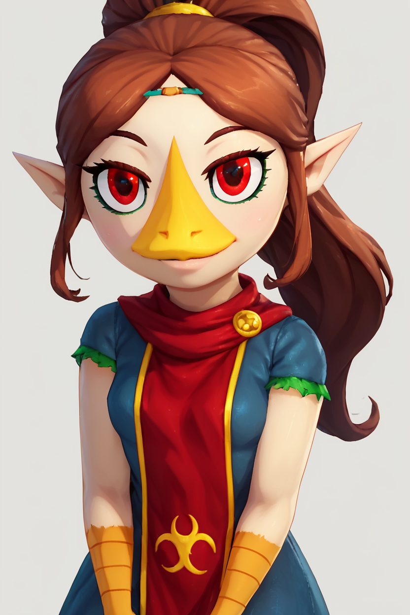 score_9, score_8_up, score_8, medium breasts, (curvy), cute, eyelashes,       BREAK, ,  <lora:MedliZelda_PDXL_v2:0.8>,  zzMedli, solo, 1girl, brown hair, beak, pointy ears, bird, long hair, long hair, red eyes, ponytail, blue dress, red tabard,, BREAK, looking at viewer,  smile, upper body, leaning forward, head tilt,  embedding:zPDXL, Expressiveh, <lora:theButcherXPDXL:0.8>, <lora:CatalystStylePDXL:0.6>,  <lora:SDXLFaeTastic2400:0.5>,  <lora:Expressive_H-000001:0.4>,