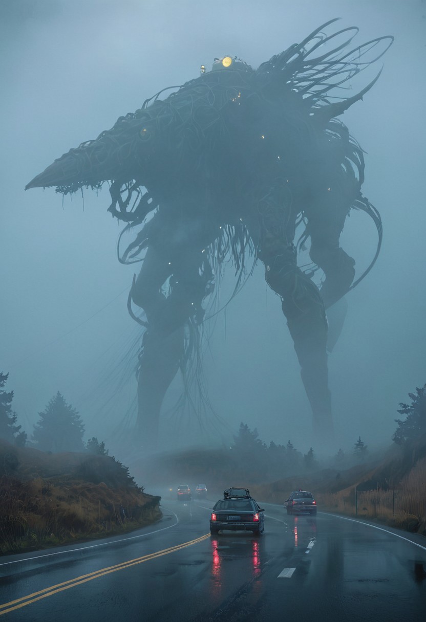 by Peter gric, H.R Giger, by Florent Desailly, ((the electric state by Simon Stalenhag)),
horror, post-apocalyptic, futuristic, (HD, photorealistic, dramatic lighting, intricate details, biomechanical patterns, powerful, cinematic, masterpiece),
disturbing road trip, shapes in the fog, ((deep thick fog)), light rain, overcast sky, mysterious creatures in the fog, large behemoth monsters in the fog, car driving through a post-apocalyptic mountain road