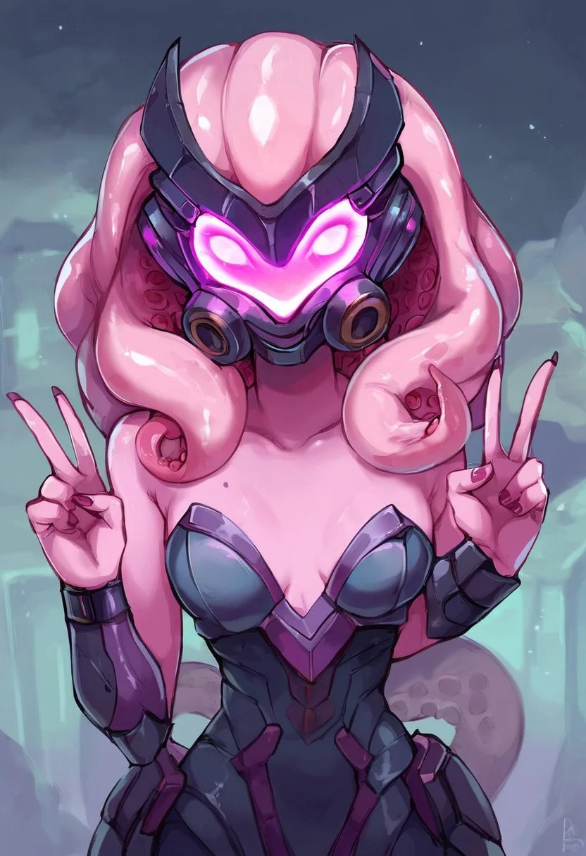 score_9, score_8_up, score_7_up, score_6_up, huntress-dh BREAK <lora:Huntress_Subverse_PDXL:0.7>
half-body shot, showing v sign, small breasts, helmet, mask, glowing eyes, tentacle hair, monster girl, pink skin, colored skin, dark purpke nails, sci-fi armor, science fiction