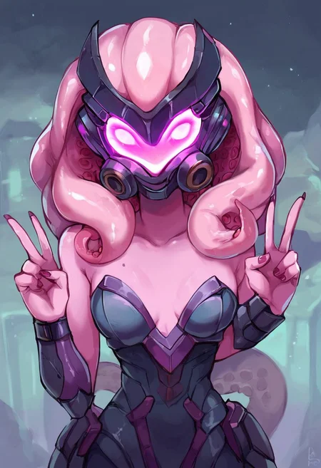 score_9, score_8_up, score_7_up, score_6_up, huntress-dh BREAK <lora:Huntress_Subverse_PDXL:0.7>
half-body shot, showing v sign, small breasts, helmet, mask, glowing eyes, tentacle hair, monster girl, pink skin, colored skin, dark purpke nails, sci-fi armor, science fiction