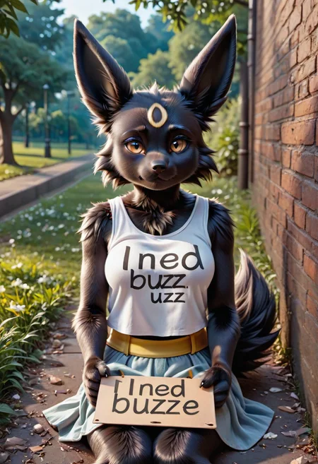 extremly fluffy fur, masterpiece,best quality,amazing quality,very aesthetic,high resolution,ultra-detailed,detailed background,absurdres,newest, high quality, detailed fur, ((solo)), ((1girl)), furry, anthro, adult, grown up, umbreon, fluffy, homeless sitting in alley torn clothes sad,Colored Scelera,Black Pupils,White Iris,Medium breasts, pokemon, pov, park, need_buzz, holding sign saying "I need buzz please", sfw