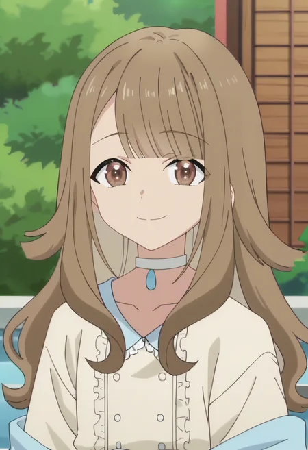 <lora:Hikari Tanabe:0.9> Hikari Tanabe, 1girl, brown eyes, long hair, brown hair , solo,blunt bangs, choker, long sleeves, collarbone, white dress, looking at viewer, smile, upper body, score_9, score_7_up,anime coloring ,source_anime, anime, anime screencap