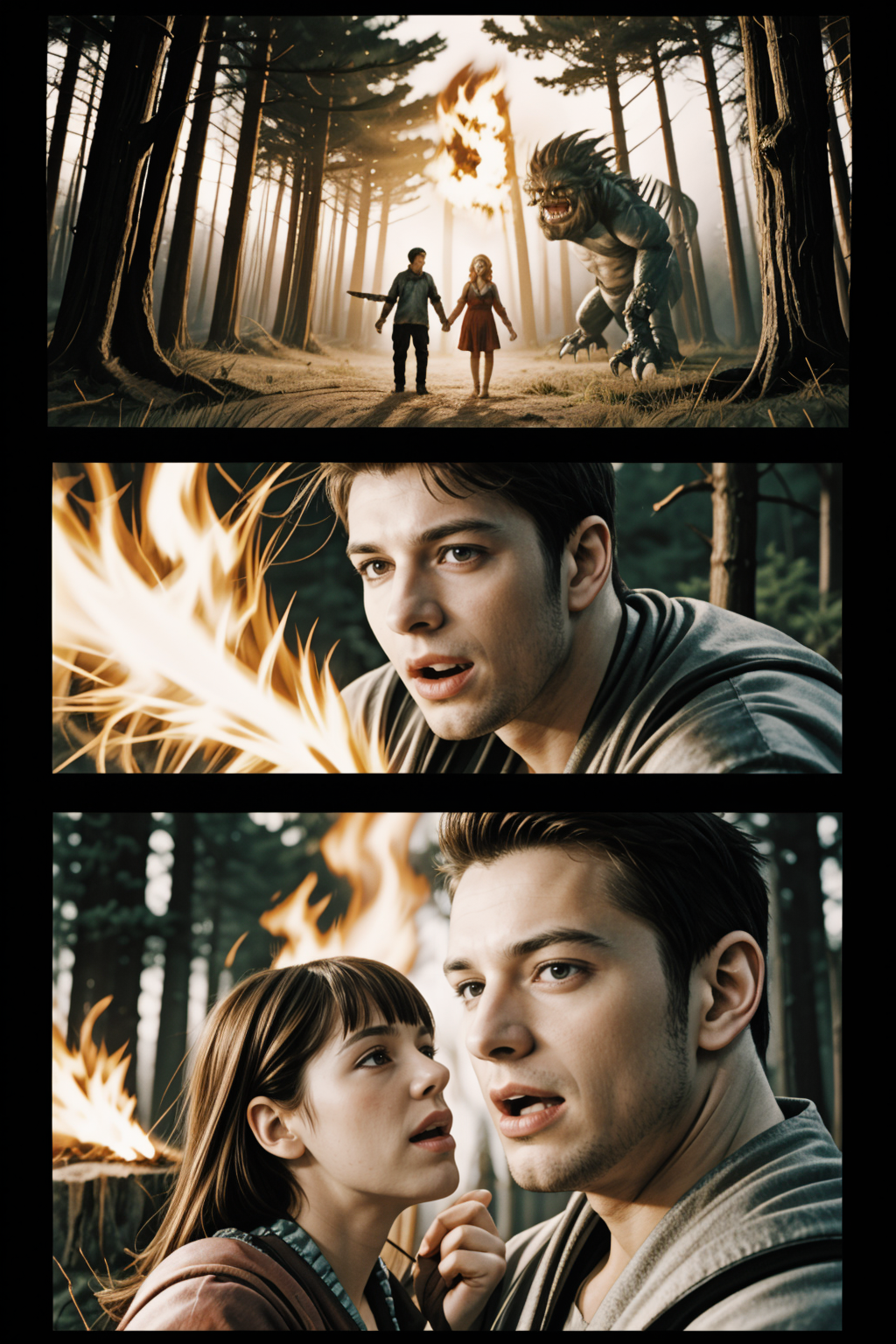 1boy and 1girl, fantasy, attacking monsters, fire, magic, forest
 <lora:MangaGen1:1> <lora:mangaC:1> manga,frame,speech bubble,color
<lora:LCM_LoRA_Weights_SD15:1>