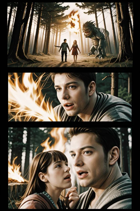 1boy and 1girl, fantasy, attacking monsters, fire, magic, forest
<lora:MangaGen1:1> <lora:mangaC:1> manga,frame,speech bubble,color
<lora:LCM_LoRA_Weights_SD15:1>