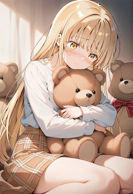 masterpiece,best quality,amazing quality, shiina mahiru (otonari no tenshi-sama),1girl, blonde hair, blush, brown skirt, closed mouth, hugging doll, hugging object, long hair, long sleeves, plaid clothes, plaid skirt, shirt, skirt, solo, stuffed animal, stuffed toy, teddy bear, white shirt, yellow eyes