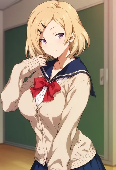 score_9,score_8_up,score_7_up,score_6_up,blurry, blurry background,1girl,sayuki,breasts,large breasts,blonde hair,serafuku,purple eyes,short hair,hairclip,hair ornament,school uniform,skirt,blue skirt,pleated skirt,miniskirt,cardigan,blue sailor collar,sleeves past wrists,red bow,bow,serafuku,white socks,upper body,volumetric light,standing,posing,friendly,indoors,living room,cowboy shot,dutch angle