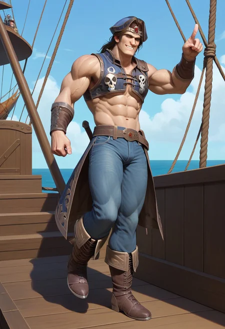 score_9, score_8_up, score_7_up, score_6_up, 1boy, male, muscular, (full body view:2), simon belmont, simonbel, abs, sleeveless blue coat, shirtless, blue pirate hat, denim jeans, leather boots, sunny, blue skies, on ship, leg up, pointing hand, smile, teeth, skull print