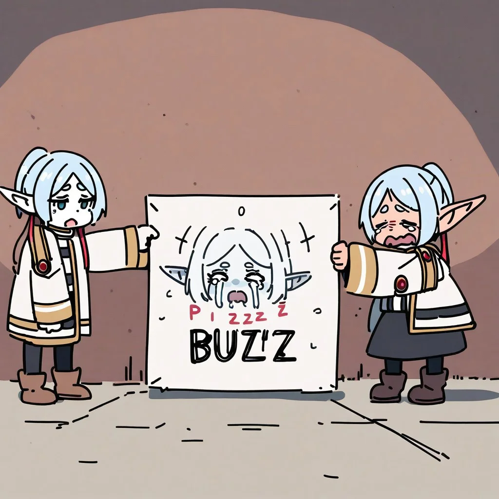 Poverty,crying, (frieren), elf, holding a sign that says "BUZZ PLZ",