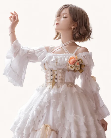 Positive: Masterpiece, best quality, amazing quality, very aesthetic, high resolution, ultra-detailed, absurdres,
1girl,solo,white_background,
Mirakin,
brown hair,short hair,
hair over left eye,
white off-shoulder lace ruffled dress,
white dress,white off-shoulder,lace,frills,
criss-cross halter,
corsage,jewelry,
long sleeves,detached sleeves, 
cowboy_shot,look up,closed_eyes,open_mouth, 