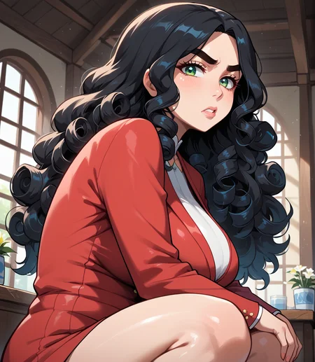 PonyScores7, source_anime, ah1, BREAK 1girl, (curly hair), long hair, (black hair:1.3), mature female, (parted hair:1.7), (round face:1.2), (fringe:-0.5), (bangs:-0.5), (hair between eyes:-0.5), (thick eyebrows), (curvy), round-chin, (greenish hazel eyes), caucasian, (downturned eyes:1.2), (plump face), <lora:ETO_OCPonyXL:0.5> eto_oc, skindentation, (plump), thick thighs, wide hips, busty, voluptuous, kinky curls, lips, <lora:venus body PonyXL:0.4>, (Disgusted, Curled upper lip raised eyebrows indicating strong aversion or repulsion,), (Waacking Dance), (Museum Exhibition, Intrigued visitors captivating exhibits), looking at viewer, (blue chalk Tangzhuang for Women (Traditional Chinese formal wear for women)), BREAK <lora:xl_more_art-full_v1:0.2>, <lora:shinyskin2:0.2> glistening skin, <lora:aesthetic_anime_v1s:0.2>, <lora:Expressive_H:0.2> Expressiveh, <lora:hairdetailpxl:0.2> hairdetailpxl, <lora:EpicF4nta5yXL:0.2>, <lora:detailxl:0.2> detailxl, <lora:Fant5yP0ny:0.2>, best quality, amazing quality, best aesthetic, absurdres, <lora:expressive eyes:0.2> expressive eyes, <lora:eyedetailpxl:0.2> eyedetailpxl, illustration, Volumetric_Lighting, ultra-detailed, very aesthetic, intricate details, 8k, masterpiece, best_quality, BREAK (Low angle (from the side) view medium Close shot (focus on knees)), BREAK <lora:Eyes_High_Definition:0.3> EyesHD, Stable_Yogis_PDXL_Positives, AS-Adult, <lora:Complicated fantasy portrait - XL Pony V2.0:0.4>, bad-hands-5,