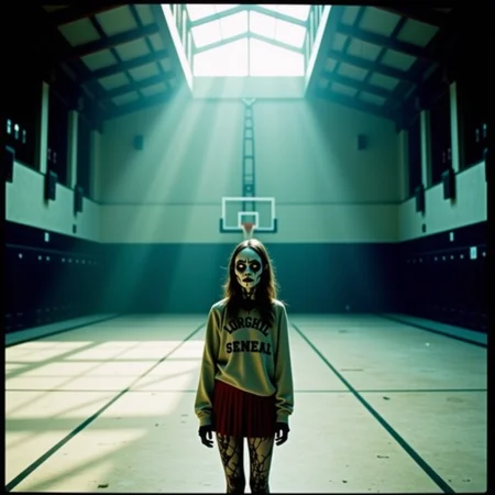 analog film photo Cowboy shot, decaying school gymnasium, cold morning light: A young zombie woman in a torn hoodie and cheer uniform stands in the middle of a dusty court, basketball hoop hanging loosely above her. Her skin is grey-olive with patches of cracked dryness at the joints; her white sclera eyes stare through the camera. Her lower lip is torn, but her posture is ordinaryâarms folded, body weight slightly leaned to one side. Shot on a Hasselblad 503CW, 150mm Sonnar, film: Ilford Delta 400. Natural light from a broken skylight above creates shafts of cool contrast, with bounce from the polished court floor adding subtle fill. The whole frame is quiet, almost beautiful in its sadnessâforgotten youth, still standing.
<lora:undead denizens v2.2:1> . faded film, desaturated, 35mm photo, grainy, vignette, vintage, Kodachrome, Lomography, stained, highly detailed, found footage