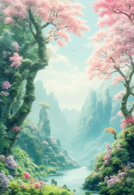 The gorgeous watercolor paintings designed by AI show a palace-level design sense and are pleasing to the eye. The design color is mainly green pink purple like spring landscape.