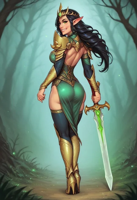 1girl, (((back view))), from front, 1girl, illustration, comic style, highly detailed, skinny, model body, looking at viewer, 1girl, masterpiece, best quality, naestra, solo, pointy ears, black hair, long hair, elf, 1girl, green eyes, half face mask, <lora:Naestra:1.3>, (((dynamic pose)))
BREAK
(((Warhammer Fantasy Battle style)))
((Elven gold Lamellar armor)), green clothes, ((((elven sword in hand)))), dynamic pose, ready to fight
BREAK
slight smile, looking at viewer
long hair, black hair, big hair, green eyes
best quality, depth of field, bokeh, (((full clothed))), dynamic pose
BREAK
(wild forest:1.2) score_9, score_8_up, score_7_up, score_6_up, source_cartoon, rating_explicit, Expressiveh, ((((full body))))), dynamic pose, dynamic pose