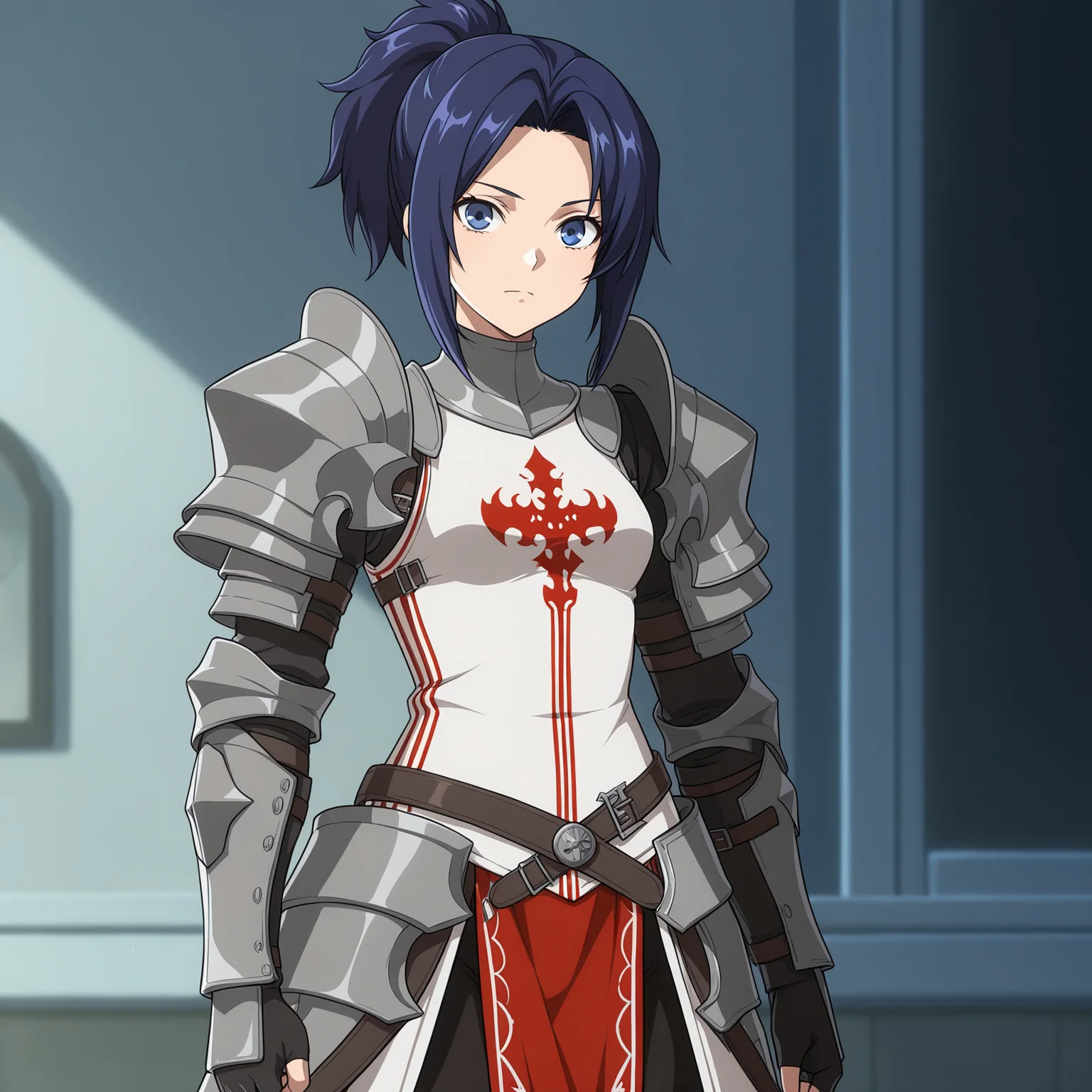 masterpiece, best quality, amazing quality, anime screencap, 1girl, solo, standing, cowboy shot, looking at viewer, <lora:inquisitor_dnf_duel:0.9>, inquisitor \(dnf duel\), blue hair, parted bangs, ponytail, high ponytail, short ponytail, blue eyes, small breasts, armor, full armor, pauldrons, gauntlets, fingerless gloves, black pantyhose, armored boots,
