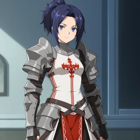 masterpiece, best quality, amazing quality, anime screencap, 1girl, solo, standing, cowboy shot, looking at viewer, <lora:inquisitor_dnf_duel:0.9>, inquisitor \(dnf duel\), blue hair, parted bangs, ponytail, high ponytail, short ponytail, blue eyes, small breasts, armor, full armor, pauldrons, gauntlets, fingerless gloves, black pantyhose, armored boots,