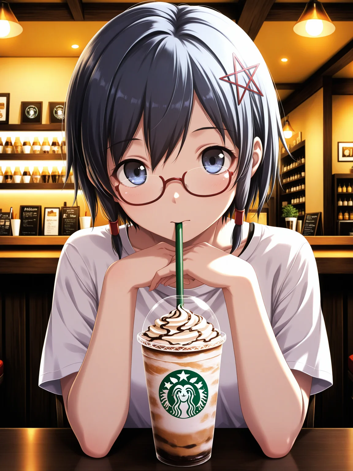 <lora:spo_sdxl_10ep_4k-data_lora_webui:0.5>, <lora:Naho3CoPaXL:1> Naho_CoPa, short hair, pentagram hair ornament, red glasses, hair tubes, indoors, short sleeves, bloom, cafe, frappuccino, drinking straw, lazypos, starbucks, straw, own hands together,