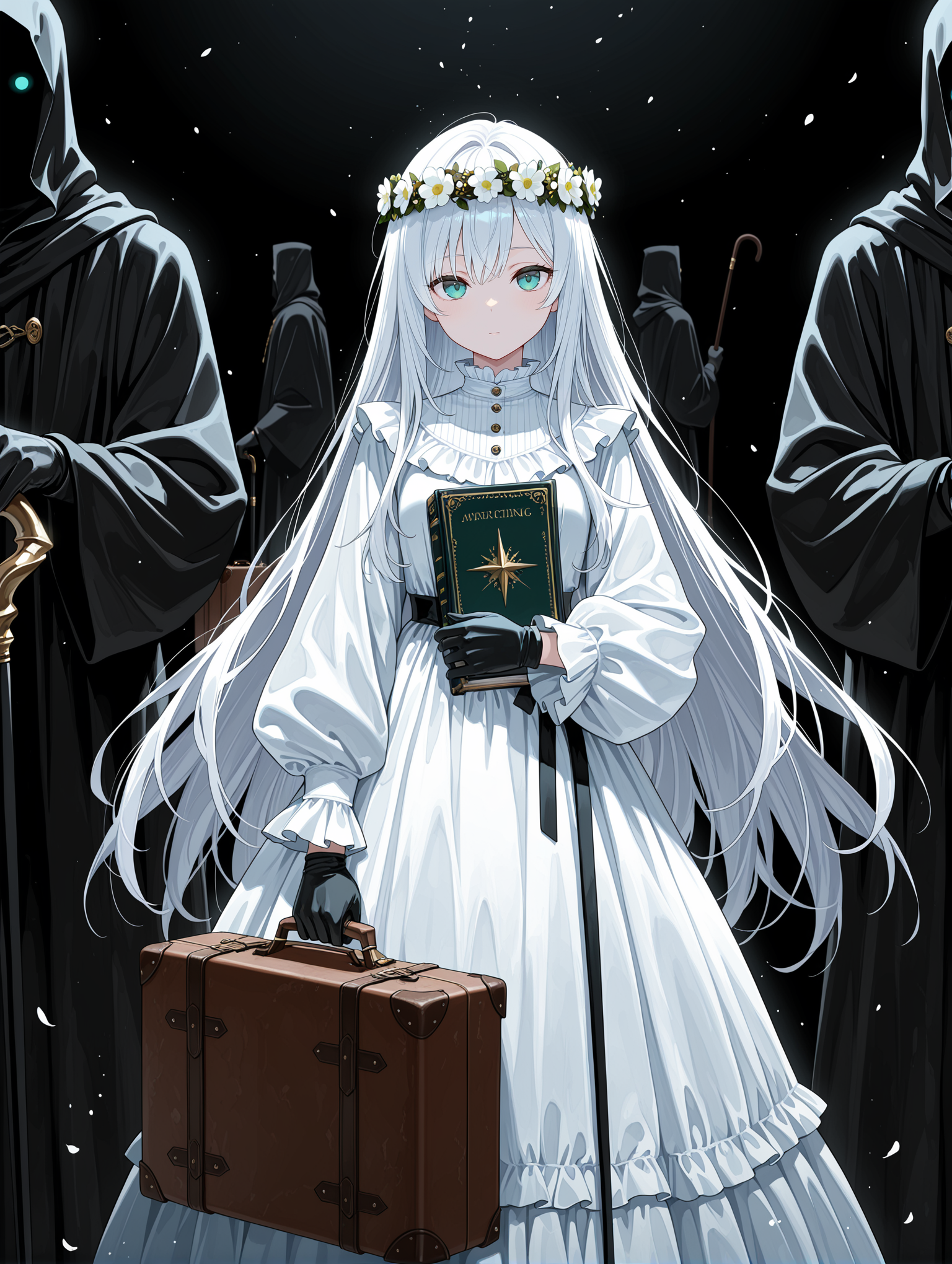 suitcase,long hair,1girl,gloves,head wreath,holding suitcase,white hair,black gloves,dress,holding,white dress,very long hair,long sleeves,briefcase,flower wreath,looking at viewer,multiple boys,flower,blue eyes,2boys,wreath,black robe,multiple others,cane,standing,book,frills,star \(symbol\),robe,green eyes,solo focus,black
,masterpiece,best quality,amazing quality,