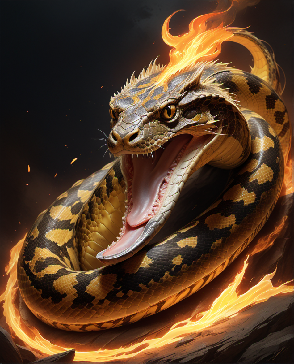 armored Burmese Python,art by Bastien Lecouffe Deharme,raymond swanlandd, aleksi briclot,joji shinkawa, realistic, <lora:InfernalXL:0.35> infrnal, flaming, epic, trending, awardwinning,, 8k uhd,absurd res,ultra detailed,masterpiece,awardwinning,sharp focus,intricate detail,50mm lens