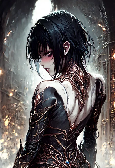 (Masterpiece:1.3), (best quality:1.2), (detailed background:1.1), (intricate details:1.1), (detailed background:1.2), 1girl, solo focus, perfect anatomy, sexy, 2d style,
BREAK
(score_9, score_8_up, score_7_up), (Masterpiece), (expressive eyes), 1girl, 
Automaton, colored skin, white skin, joints, many joints,
<lora:MGE_V5.0:1.2>
BREAK
revealing clothes, sexual pose, charming, 
shy, perfect body, metal body parts,
dynamic angle, side shot,
edgy and dramatic fashion photography,volumetric lighting, bloom, harsh lighting, muted colors,
looking down at the viewer,looking back, from behind, 
BREAK
perfecteyes,NegativeDynamics,scenery,bleakfaith,hkevil,