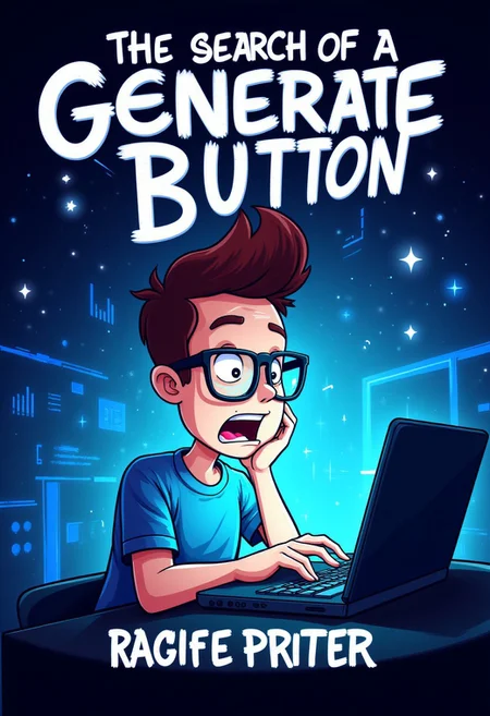 A book cover image titled (("The Search for a Generate Button")), a teenage boy using a laptop in a digital world, stressed look, light reflecting off glasses, aidmaTextImprover, cartoony artstyle